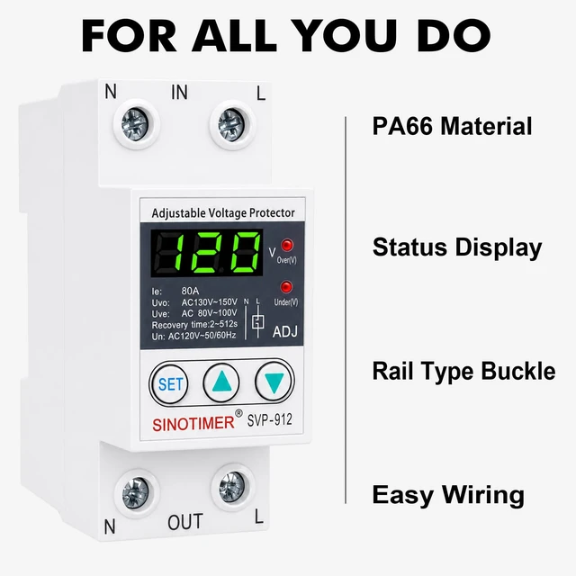 Alt view image 2 of 7 - Adjustable Voltage Surge Protector 110VAC 120VAC, Relay with LED Display, 80-100V Undervoltage, 130-150V Overvoltage, 60Hz 80A with DIN Rail Mount