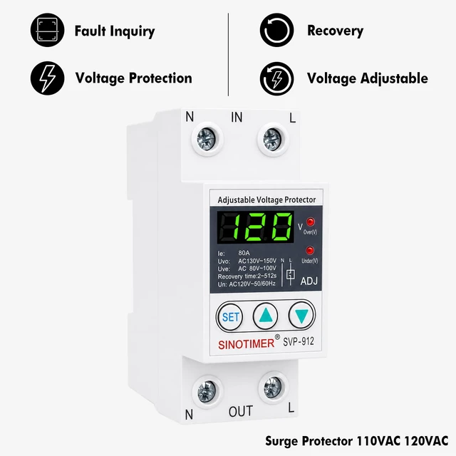Alt view image 3 of 7 - Adjustable Voltage Surge Protector 110VAC 120VAC, Relay with LED Display, 80-100V Undervoltage, 130-150V Overvoltage, 60Hz 80A with DIN Rail Mount