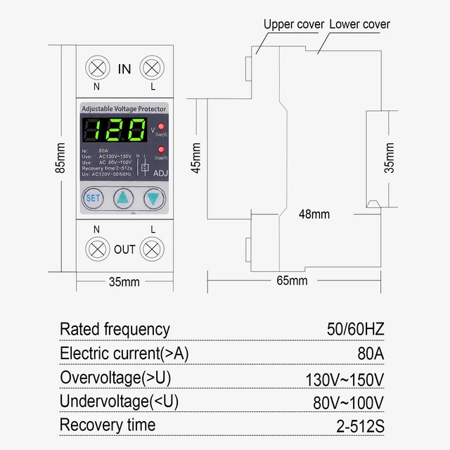 Alt view image 4 of 7 - Adjustable Voltage Surge Protector 110VAC 120VAC, Relay with LED Display, 80-100V Undervoltage, 130-150V Overvoltage, 60Hz 80A with DIN Rail Mount
