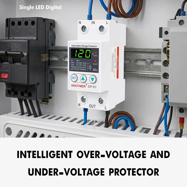 Alt view image 5 of 7 - Adjustable Voltage Surge Protector 110VAC 120VAC, Relay with LED Display, 80-100V Undervoltage, 130-150V Overvoltage, 60Hz 80A with DIN Rail Mount