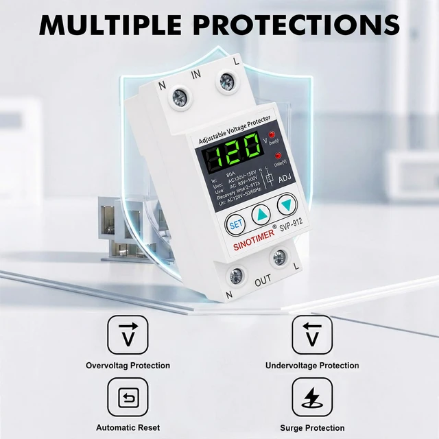 Alt view image 6 of 7 - Adjustable Voltage Surge Protector 110VAC 120VAC, Relay with LED Display, 80-100V Undervoltage, 130-150V Overvoltage, 60Hz 80A with DIN Rail Mount