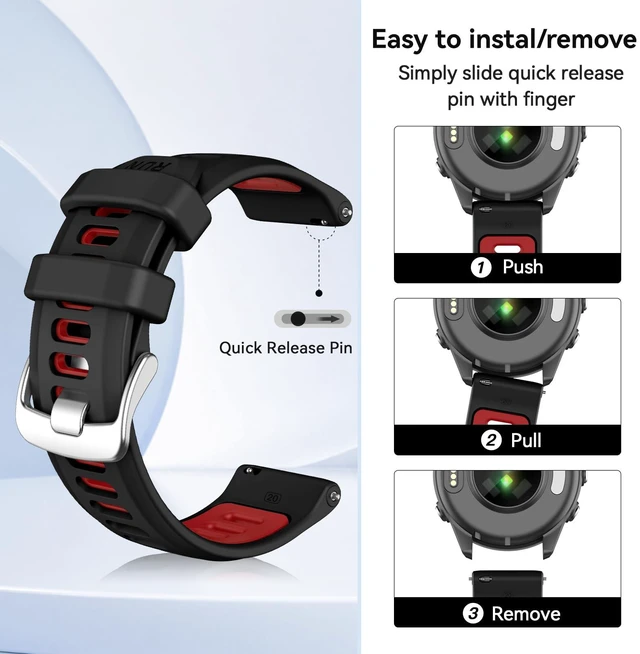 Alt view image 2 of 7 - 20mm Band for Garmin Forerunner 170/70/245/645/570 42MM/Venu 2 Plus Soft Silicone Band Strap Wristband with Quick Fit for Garmin Forerunner 570 42MM/Forerunner 245/Forerunner 645/Active 5