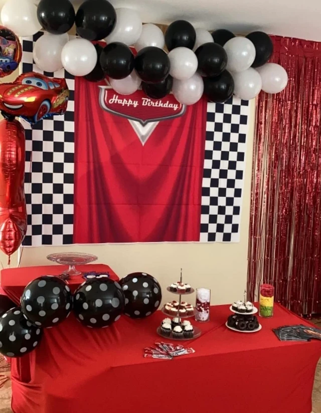 Alt view image 3 of 7 - Red Car Racing Competition Backdrop Competition Car Racing Check Flag Background Kids boy Birthday Party Photography Banner Superman Cloak Decoration Supplies (8x6FT)