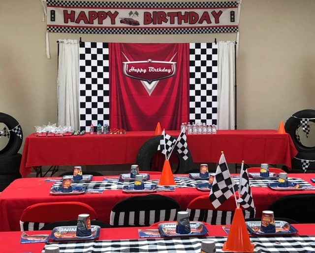 Alt view image 5 of 7 - Red Car Racing Competition Backdrop Competition Car Racing Check Flag Background Kids boy Birthday Party Photography Banner Superman Cloak Decoration Supplies (8x6FT)