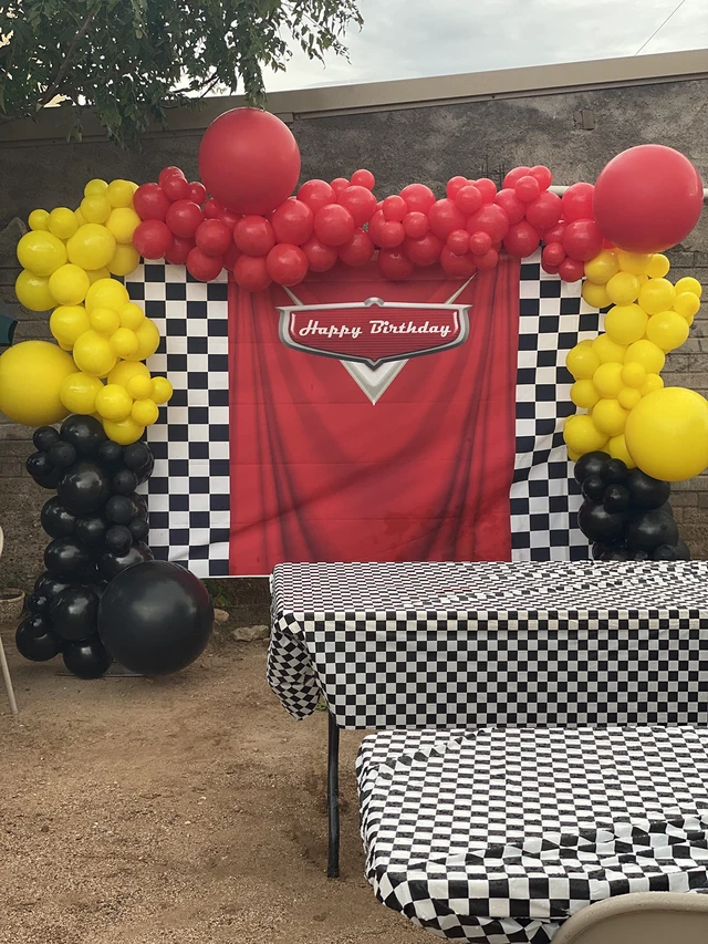 Alt view image 4 of 7 - Red Car Racing Competition Backdrop Competition Car Racing Check Flag Background Kids boy Birthday Party Photography Banner Superman Cloak Decoration Supplies (8x6FT)