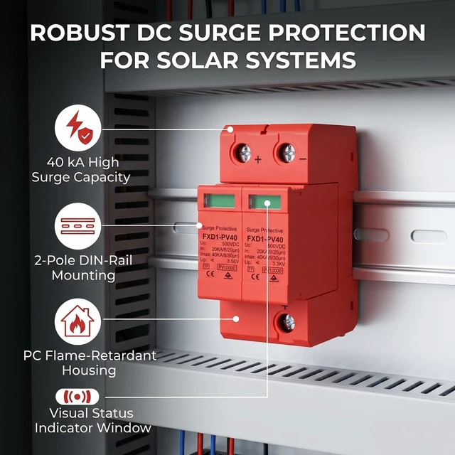Alt view image 3 of 7 - 2Pcs Voltage Arrester Device 2P Protective Devices Rail Installation 40KA DC Photovoltaic Protector Low-Voltage Arrester with Remote Protectors (DC 500V)