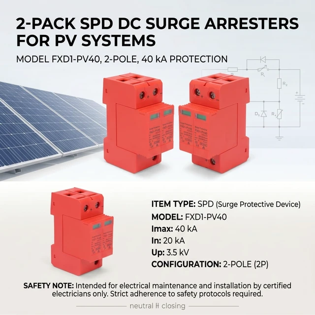 Alt view image 2 of 7 - 2Pcs Voltage Arrester Device 2P Protective Devices Rail Installation 40KA DC Photovoltaic Protector Low-Voltage Arrester with Remote Protectors (DC 500V)