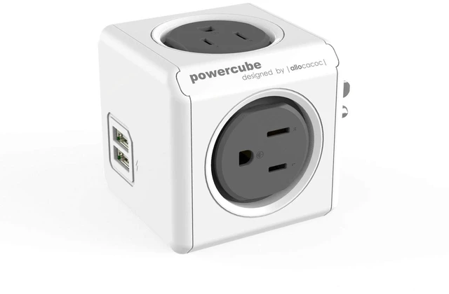 Main image of PowerCube Original USB; 4 Outlets Surge Protector 2 USBs Cubic Multi Socket Extender Power Tab Space Saving Compact No Blockage Dorm Home Office125V 15A 1875W Max Grey