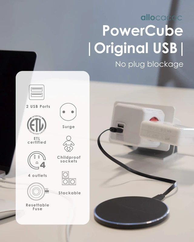 Alt view image 2 of 7 - PowerCube Original USB; 4 Outlets Surge Protector 2 USBs Cubic Multi Socket Extender Power Tab Space Saving Compact No Blockage Dorm Home Office125V 15A 1875W Max Grey