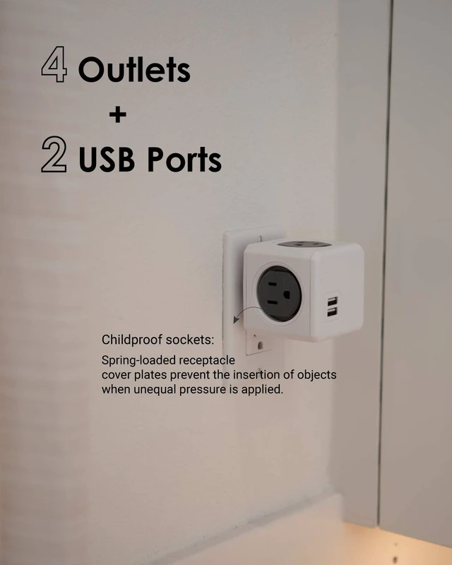 Alt view image 5 of 7 - PowerCube Original USB; 4 Outlets Surge Protector 2 USBs Cubic Multi Socket Extender Power Tab Space Saving Compact No Blockage Dorm Home Office125V 15A 1875W Max Grey