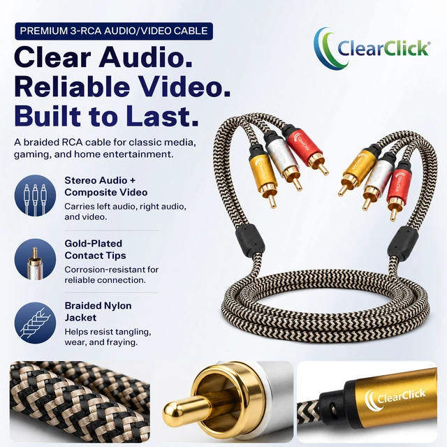 Alt view image 2 of 7 - 3-RCA AV to 3-RCA AV Cable - 6.5 ft Gold-Plated Premium Quality Braided Nylon Jacket, Gold-Plated Connectors, Color-Coded Plugs, Universal Compatibility, Durable Design