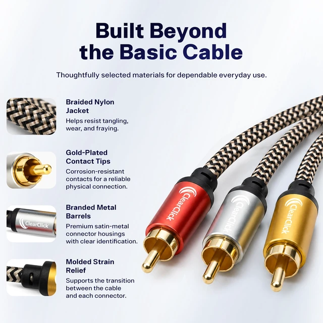 Alt view image 5 of 7 - 3-RCA AV to 3-RCA AV Cable - 6.5 ft Gold-Plated Premium Quality Braided Nylon Jacket, Gold-Plated Connectors, Color-Coded Plugs, Universal Compatibility, Durable Design