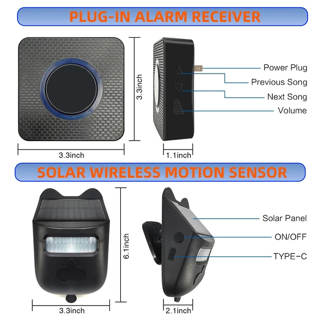 Alt view image 5 of 7 - Wireless Doorbell and Motion Sensor Alarm Long Range Driveway Alert System with Indoor Receiver 120° Detection, IP65 Waterproof, USB-C Charging for Home Business Security Sensor*1+ Receiver*2