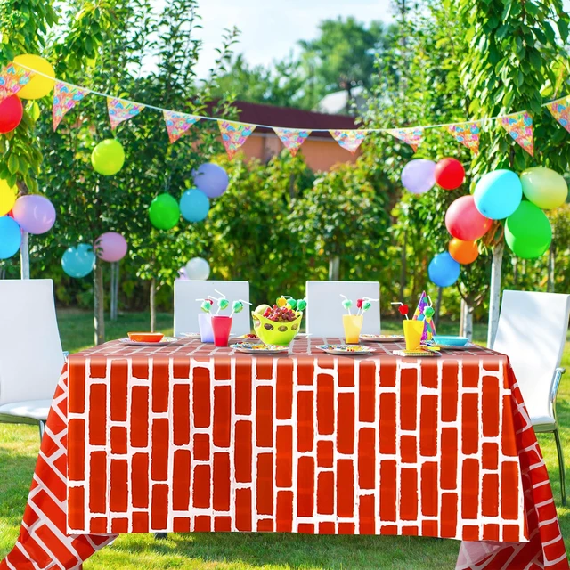 Alt view image 5 of 7 - 8 Pcs 54x108 Inch Stone Wall Backdrop Brick Tablecloth Plastic Bricks Table Covers Stone Wallpaper Removable Wall Scene Setter Background for Medieval Castle Holiday Party Decor(Red Brick)