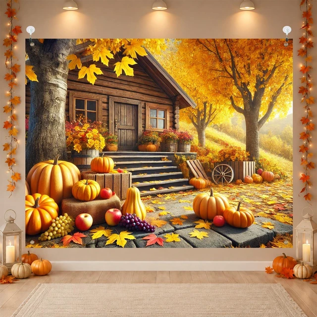 Main image of Fall Backdrop Autumn House Path Scene Decorations 8x6ft Fall House Path Pumpkins Grapes Colorful Leaves Hay Bales Thanksgiving Banner for Autumn Outdoor Party Decoration Photo Booth
