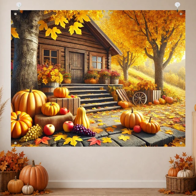 Alt view image 2 of 7 - Fall Backdrop Autumn House Path Scene Decorations 8x6ft Fall House Path Pumpkins Grapes Colorful Leaves Hay Bales Thanksgiving Banner for Autumn Outdoor Party Decoration Photo Booth