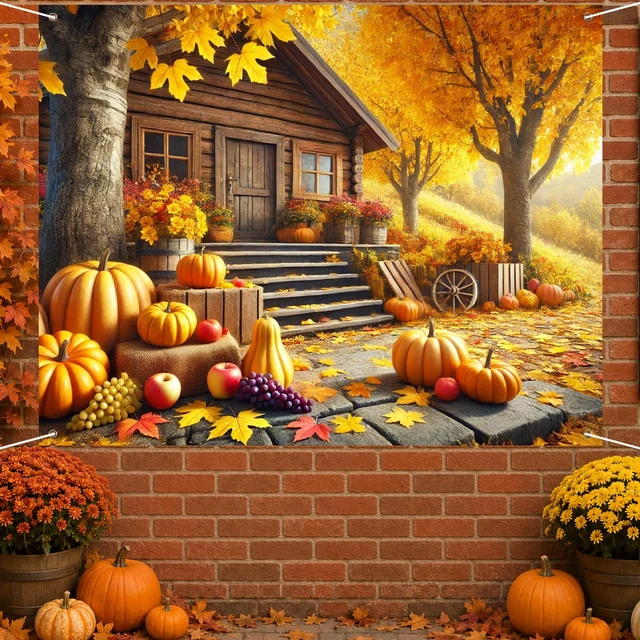 Alt view image 3 of 7 - Fall Backdrop Autumn House Path Scene Decorations 8x6ft Fall House Path Pumpkins Grapes Colorful Leaves Hay Bales Thanksgiving Banner for Autumn Outdoor Party Decoration Photo Booth