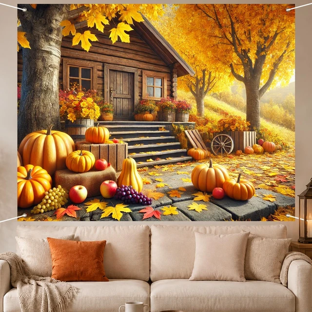 Alt view image 4 of 7 - Fall Backdrop Autumn House Path Scene Decorations 8x6ft Fall House Path Pumpkins Grapes Colorful Leaves Hay Bales Thanksgiving Banner for Autumn Outdoor Party Decoration Photo Booth