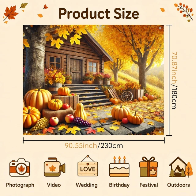 Alt view image 6 of 7 - Fall Backdrop Autumn House Path Scene Decorations 8x6ft Fall House Path Pumpkins Grapes Colorful Leaves Hay Bales Thanksgiving Banner for Autumn Outdoor Party Decoration Photo Booth