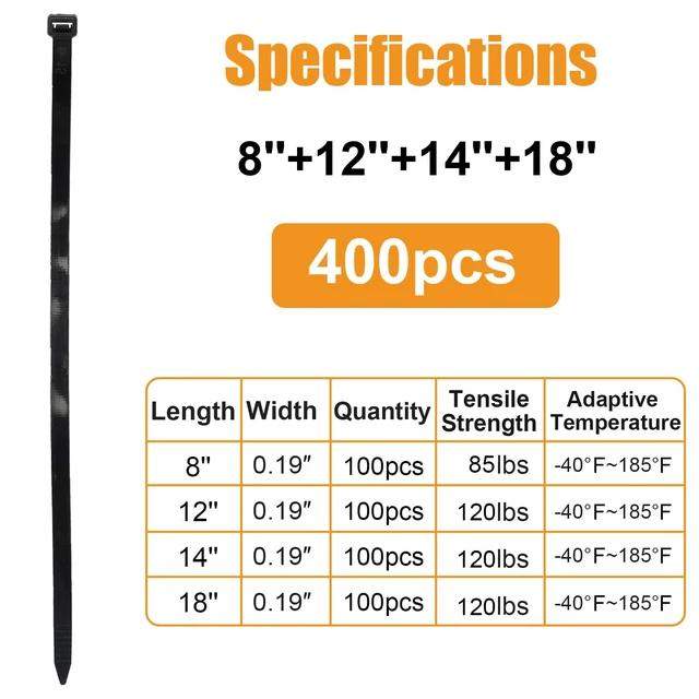 Alt view image 2 of 7 - 8''+12''+14''+18'' Zip Ties Assorted Sizes, 400 Pack 120 LBS Black Cable Ties - Heavy Duty Nylon Wire Ties, Self-Locking, UV Resistant for Indoor/Outdoor Use