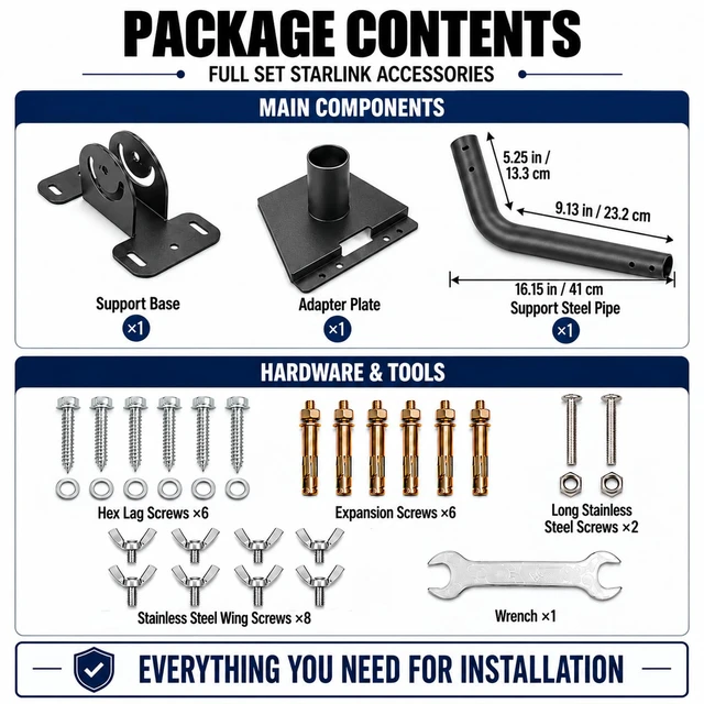 Alt view image 3 of 7 - Starlink Mount, 18-Inch Wall/Roof Pole Mounting Kit for Standard 4/4X Gen 3 Curved Carbon Steel Pole, 360° Rotatable Dish Adapter, 180° Adjustable Pivot Base, Hardware and Tools Included
