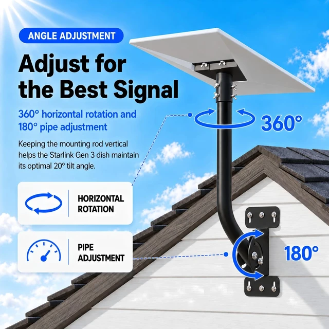 Alt view image 6 of 7 - Starlink Mount, 18-Inch Wall/Roof Pole Mounting Kit for Standard 4/4X Gen 3 Curved Carbon Steel Pole, 360° Rotatable Dish Adapter, 180° Adjustable Pivot Base, Hardware and Tools Included