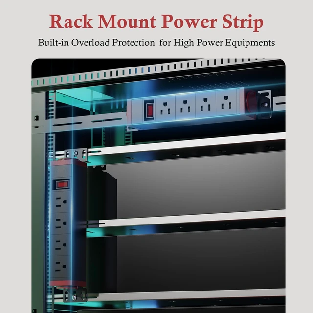 Alt view image 5 of 7 - 10-Inch Rack PDU, 1U 4 Outlets, Surge Protection, 360° Rotating Mounts 1U Compact Profile, 6 ft 16AWG Cord, Metal Housing, Overload Switch, Wall or Rack Installation, Screws Included