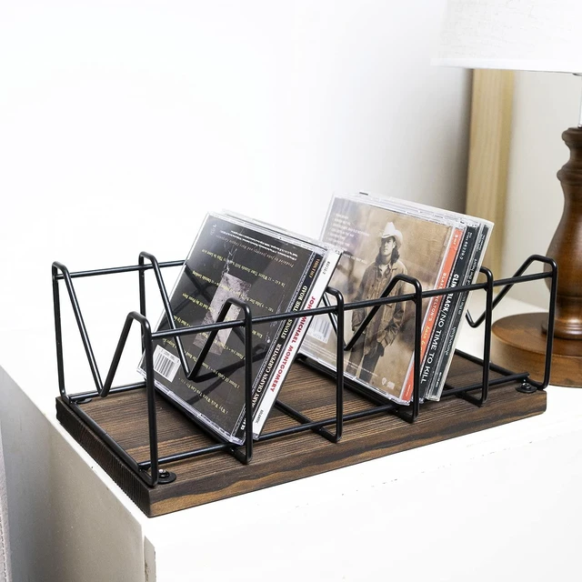 Main image of Vintage CD Rack, Rustic Wood & Black Metal Stand, 25 Disc Holder Rustic wood and black metal tabletop rack stores up to 25 CD jewel cases for organized media collection display