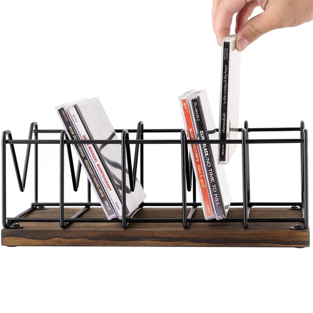 Alt view image 4 of 7 - Vintage CD Rack, Rustic Wood & Black Metal Stand, 25 Disc Holder Rustic wood and black metal tabletop rack stores up to 25 CD jewel cases for organized media collection display