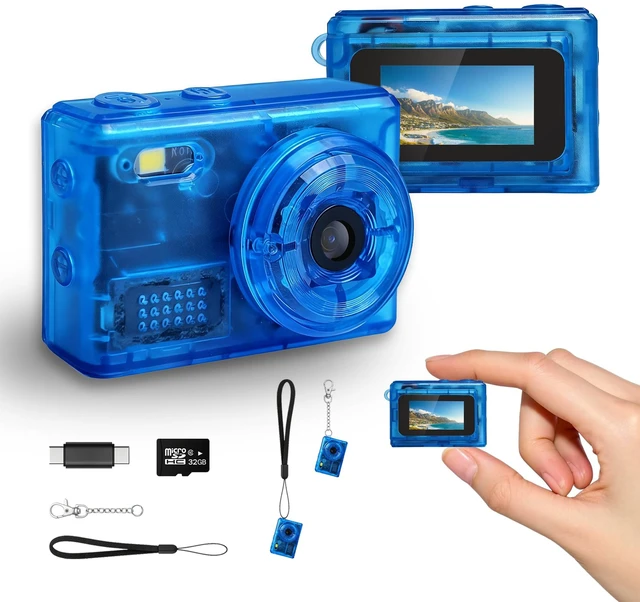 Main image of Y2K Mini Blue Keychain Camera, 1080P HD & 2MP, 32GB Card 5 Filters & Flash, 0.96" Display, OTG Adapter for Android, Mini Wearable Pendant for Travel/Vlog/Night Shots, Ideal Gift