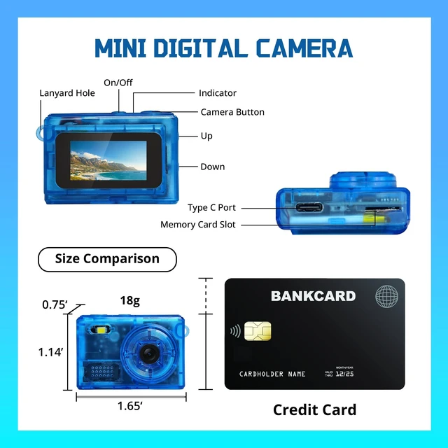 Alt view image 5 of 7 - Y2K Mini Blue Keychain Camera, 1080P HD & 2MP, 32GB Card 5 Filters & Flash, 0.96" Display, OTG Adapter for Android, Mini Wearable Pendant for Travel/Vlog/Night Shots, Ideal Gift
