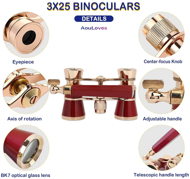 Alt view image 2 of 6 - Binoculars for Opera Glasses Binoculars 3X25 Lorgnette Theater Glasses Mini Binocular Compact with Adjustable Handle for Adults Kids Women in Concert Theater Opera (Red)