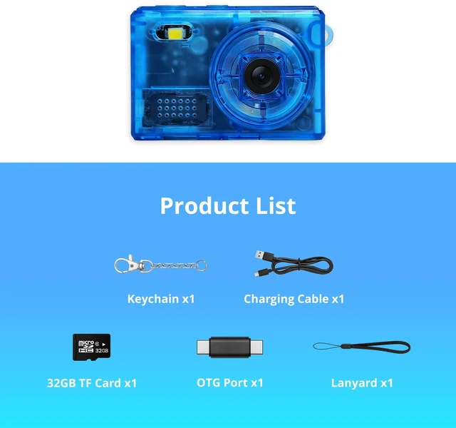 Alt view image 7 of 7 - Y2K Mini Blue Keychain Camera, 1080P HD & 2MP, 32GB Card 5 Filters & Flash, 0.96" Display, OTG Adapter for Android, Mini Wearable Pendant for Travel/Vlog/Night Shots, Ideal Gift