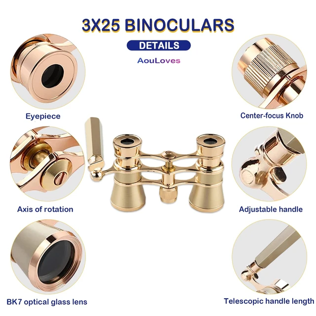 Alt view image 2 of 6 - Opera Glasses Binoculars 3 X 25 Compact and Lightweight with Built-in Foldable Theater Glasses, Adjustable Handle for Adults Kids Women in Music Concerts and Opera Houses (Gold)