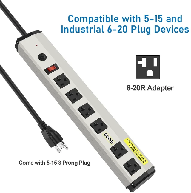 Alt view image 3 of 7 - Heavy Duty Power Strip Surge Protector 20 Amp, High Amp Industrial Shop Garage Metal Multiple Outlets, 15 FT 12 Gauge 5-15P Extension Cord 6 Outlet 6-20R T-Slot 20a for Appliance