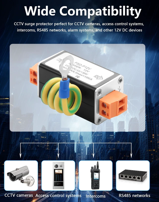 Alt view image 4 of 6 - DC12V Surge Protector 10kA Lightning Arrestor for Security Cameras, CCTV Systems, RS485 & Low Voltage Equipment