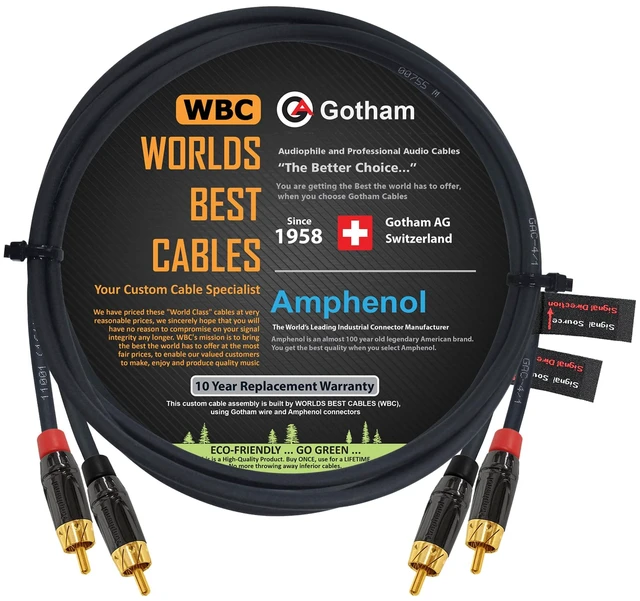 Main image of 3 Foot RCA Cable Pair - Gotham GAC-4/1 (Black) Star-Quad Audio Interconnect Cable with Amphenol ACPL Black Chrome Body, Gold Plated RCA Connectors - Directional