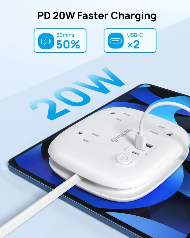 Alt view image 2 of 6 - Travel Power Strip with PD 20W USB C, Extension Cord with 3 Outlets Fast Charging USB Port, 2.6FT Wrapped Around Power Cord, Compact and Portable for Travel Hotel Cruise Ship