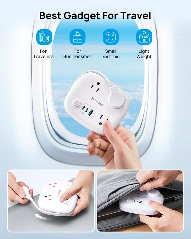 Alt view image 3 of 6 - Travel Power Strip with PD 20W USB C, Extension Cord with 3 Outlets Fast Charging USB Port, 2.6FT Wrapped Around Power Cord, Compact and Portable for Travel Hotel Cruise Ship