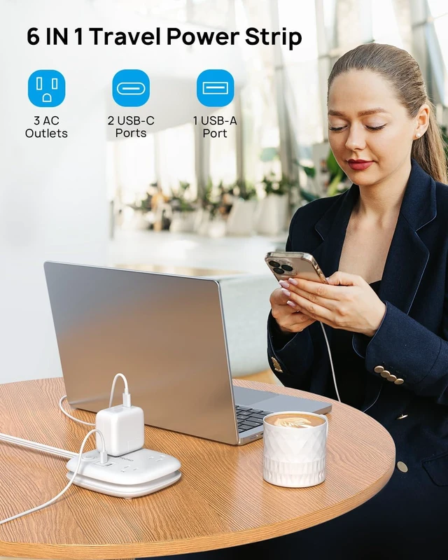 Alt view image 4 of 6 - Travel Power Strip with PD 20W USB C, Extension Cord with 3 Outlets Fast Charging USB Port, 2.6FT Wrapped Around Power Cord, Compact and Portable for Travel Hotel Cruise Ship