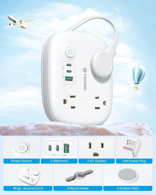 Alt view image 6 of 6 - Travel Power Strip with PD 20W USB C, Extension Cord with 3 Outlets Fast Charging USB Port, 2.6FT Wrapped Around Power Cord, Compact and Portable for Travel Hotel Cruise Ship
