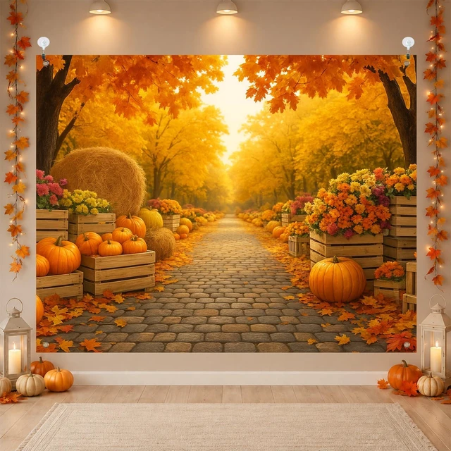 Main image of Fall Backdrop Golden Tree Path Scene Decorations 8x6ft Fall Pumpkins Hay Bales Thanksgiving Banner for Autumn Indoor Outdoor Party Decoration and Photo Booth Background