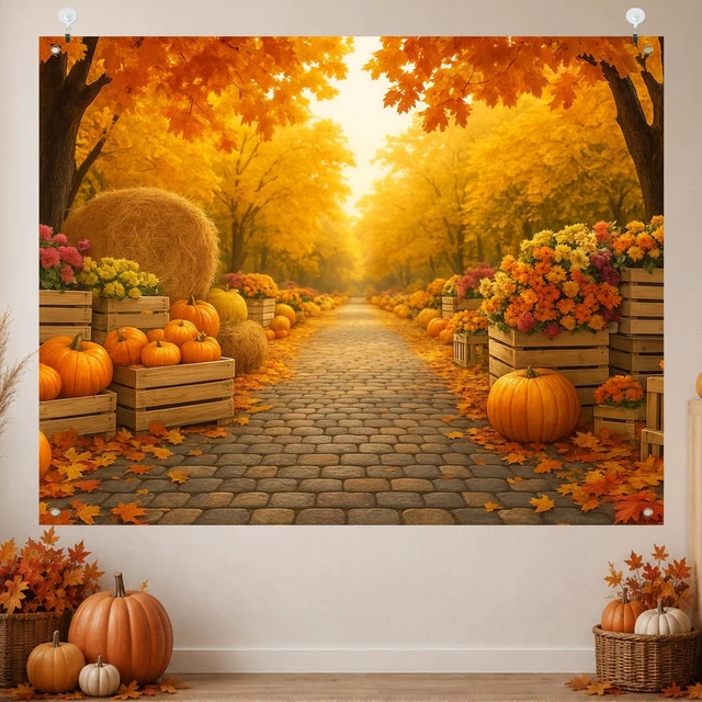 Alt view image 2 of 7 - Fall Backdrop Golden Tree Path Scene Decorations 8x6ft Fall Pumpkins Hay Bales Thanksgiving Banner for Autumn Indoor Outdoor Party Decoration and Photo Booth Background