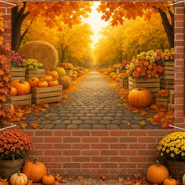 Alt view image 3 of 7 - Fall Backdrop Golden Tree Path Scene Decorations 8x6ft Fall Pumpkins Hay Bales Thanksgiving Banner for Autumn Indoor Outdoor Party Decoration and Photo Booth Background