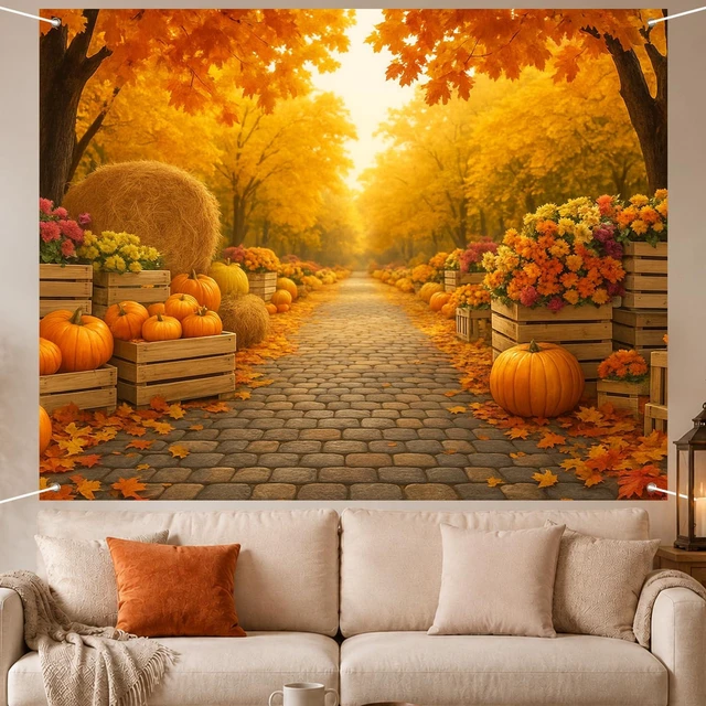 Alt view image 4 of 7 - Fall Backdrop Golden Tree Path Scene Decorations 8x6ft Fall Pumpkins Hay Bales Thanksgiving Banner for Autumn Indoor Outdoor Party Decoration and Photo Booth Background