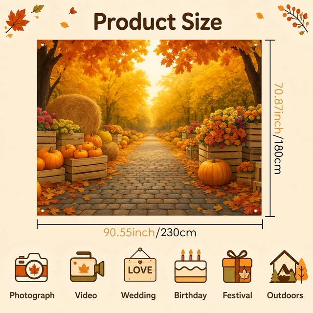 Alt view image 6 of 7 - Fall Backdrop Golden Tree Path Scene Decorations 8x6ft Fall Pumpkins Hay Bales Thanksgiving Banner for Autumn Indoor Outdoor Party Decoration and Photo Booth Background
