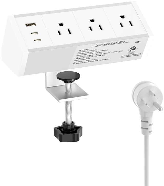 Main image of Desk Clamp Power Strip 3 Outlet with 1 USB A and 2 USB C Ports, 6 ft Cord, Desk Outlet Station Fit 1.6" Tabletop Edge, ETL Listed, White(SKU# 13150102)