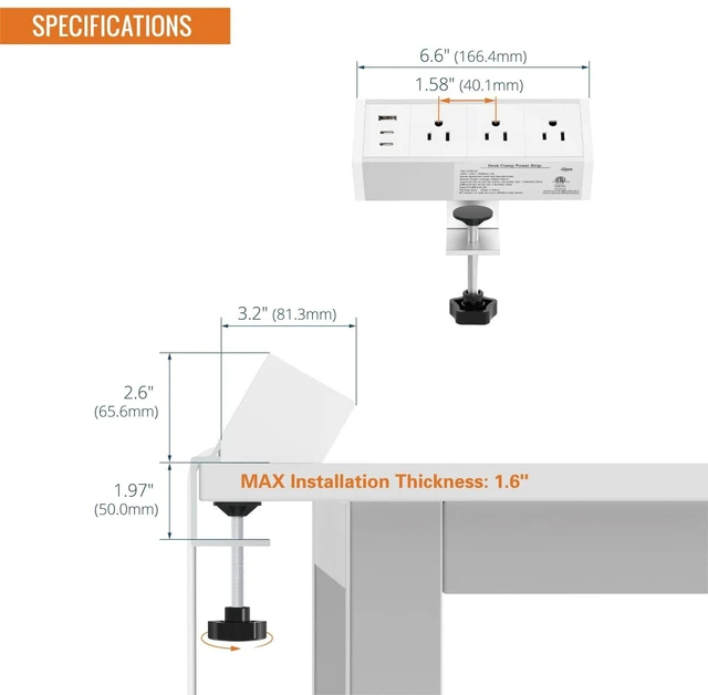 Alt view image 2 of 6 - Desk Clamp Power Strip 3 Outlet with 1 USB A and 2 USB C Ports, 6 ft Cord, Desk Outlet Station Fit 1.6" Tabletop Edge, ETL Listed, White(SKU# 13150102)
