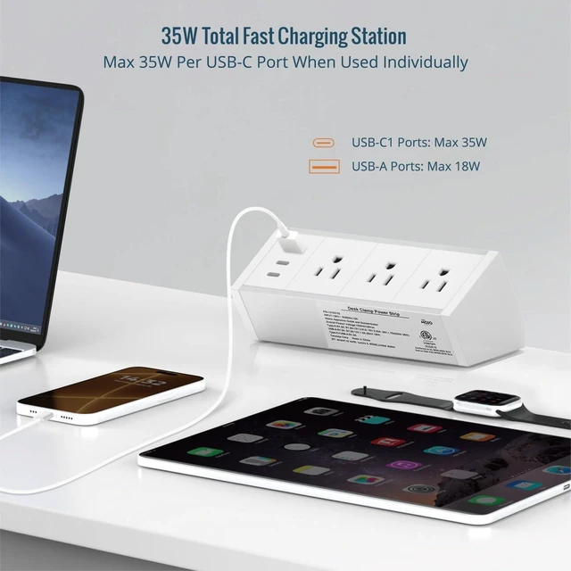 Alt view image 3 of 6 - Desk Clamp Power Strip 3 Outlet with 1 USB A and 2 USB C Ports, 6 ft Cord, Desk Outlet Station Fit 1.6" Tabletop Edge, ETL Listed, White(SKU# 13150102)
