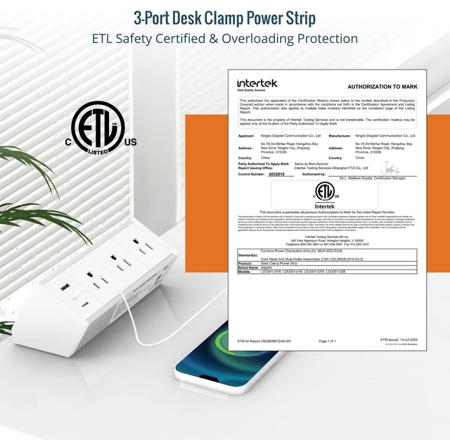 Alt view image 4 of 6 - Desk Clamp Power Strip 3 Outlet with 1 USB A and 2 USB C Ports, 6 ft Cord, Desk Outlet Station Fit 1.6" Tabletop Edge, ETL Listed, White(SKU# 13150102)